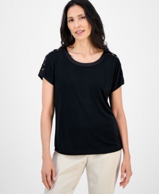 JM Collection - Women's Lace-Up Shoulder Jersey T-Shirt