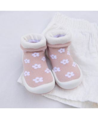 Baby Girls First Walk Sock Shoes Daisies - Mauve