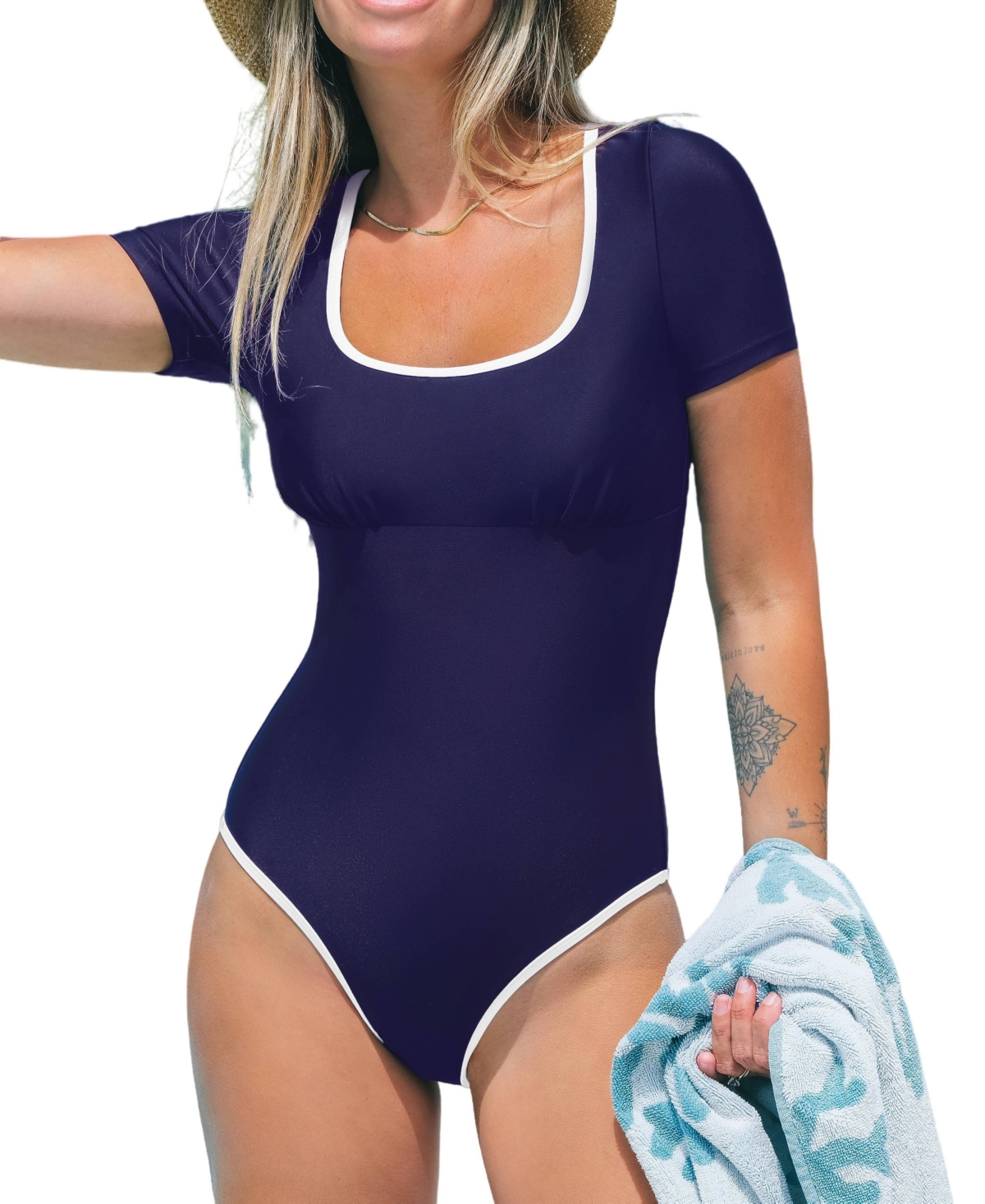 Women's Quick Dry Trim Back Zipper One Piece Swimsuit - Dark blue