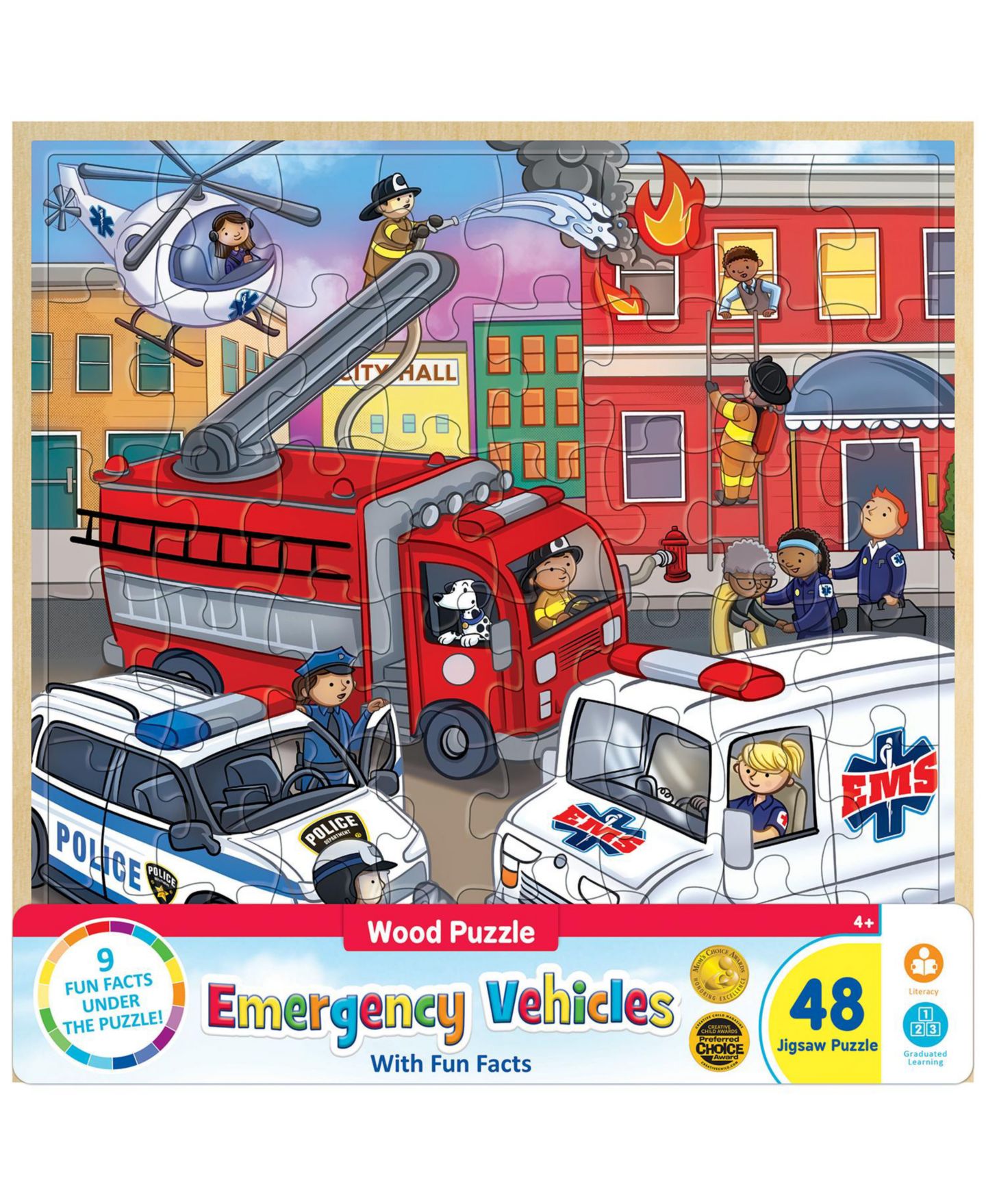 MasterPieces Puzzles Деревянный пазл MasterPieces Wood Fun Facts Emergency Vehicles, 48 деталей, от 4 лет — фото 1