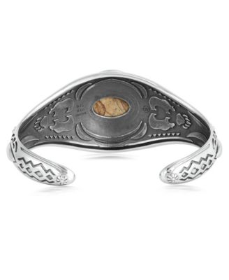 Sterling Silver Picture Jasper Oval Cut Bear Cuff Bracelet, Size Large