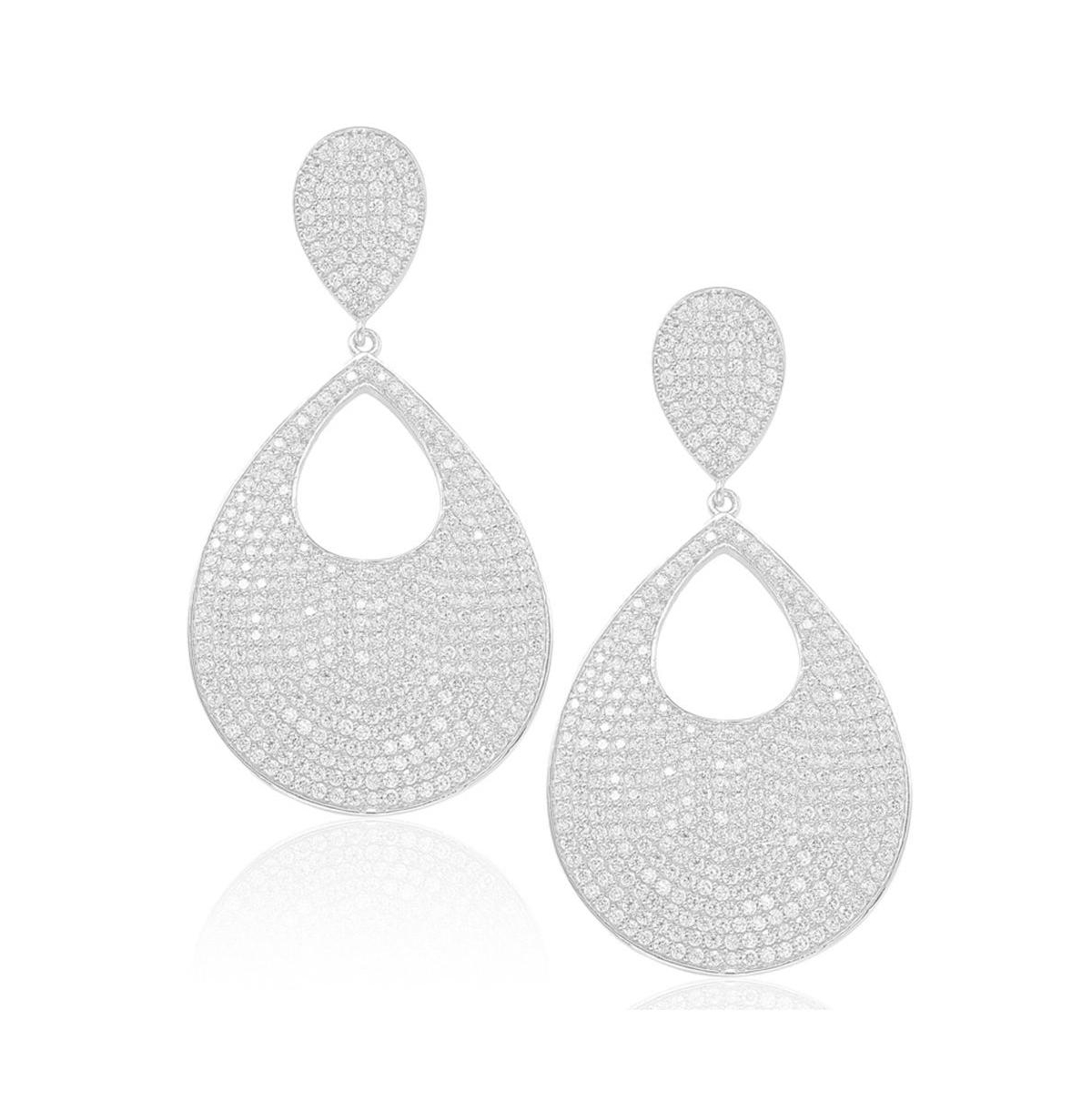 Suzy Levian Sterling Silver Cubic Zirconia Pave Flat Tear Drop Medallion Earrings - White