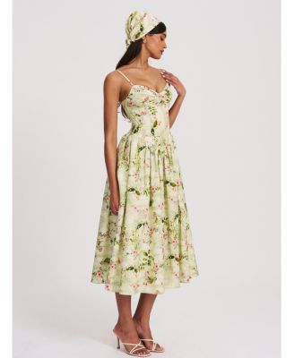 Women's Jacinda Green Floral Print Ruched Breast Linen Midi Dress