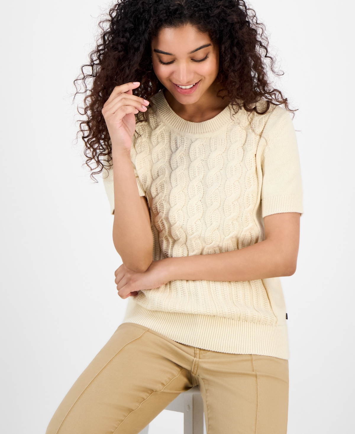 Nautica Jeans Women's Cotton Cable-knit Short-sleeve Sweater In White