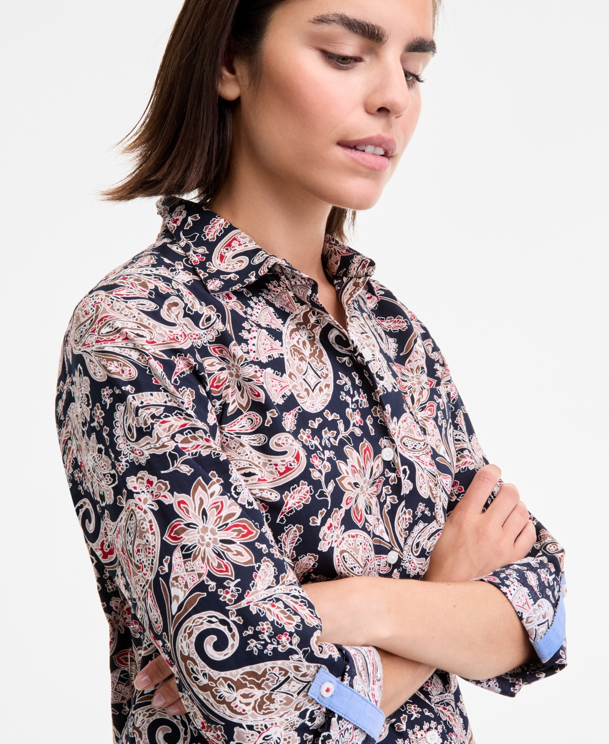 Nautica Jeans Women's Cotton Paisley-print Roll-tab Shirt In Multi