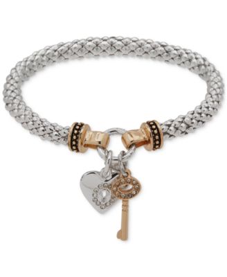 Nine West - Pav&eacute; Heart Lock & Key Stretch Bracelet
