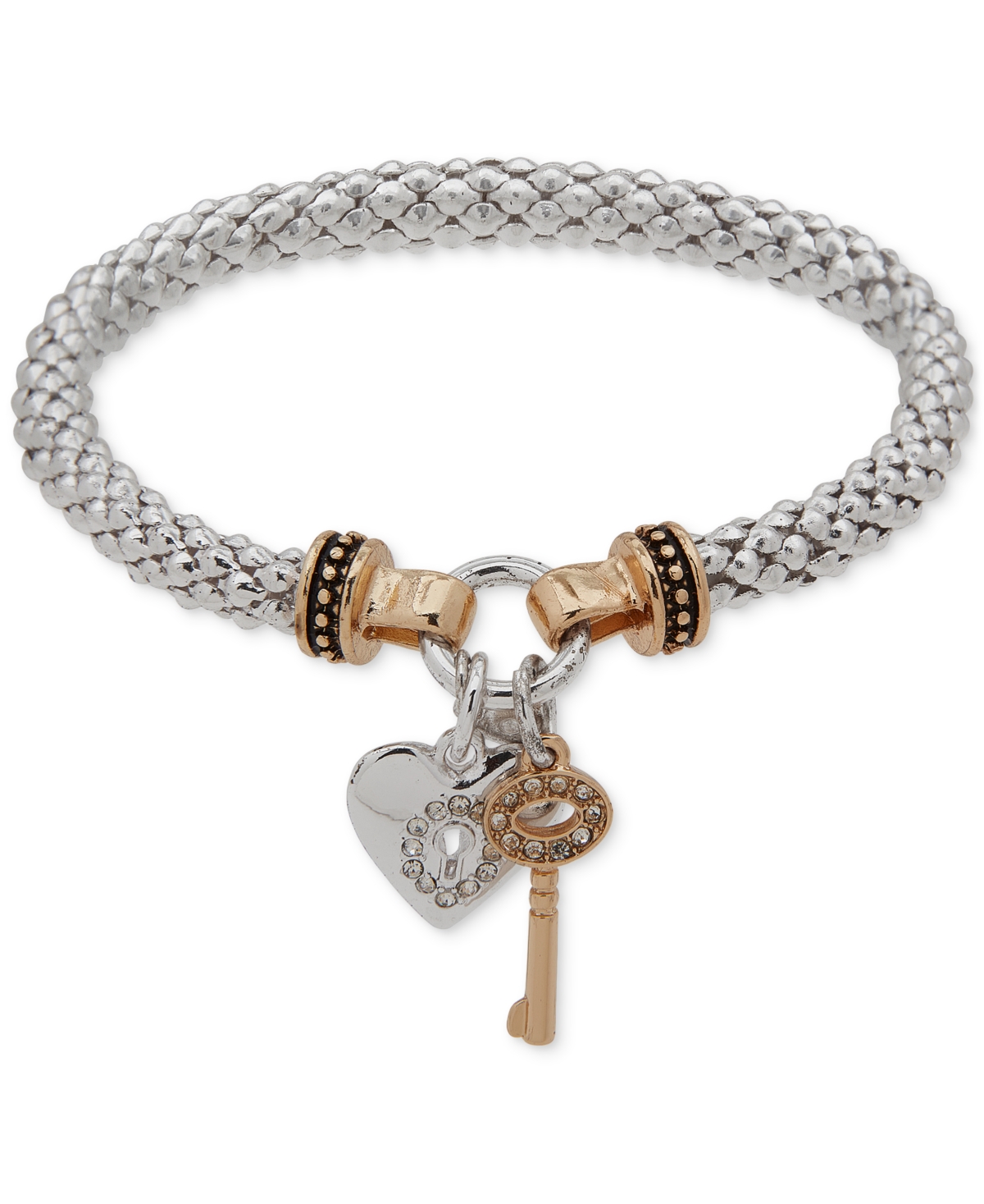 Nine West Pave Heart Lock & Key Stretch Bracelet In Silver