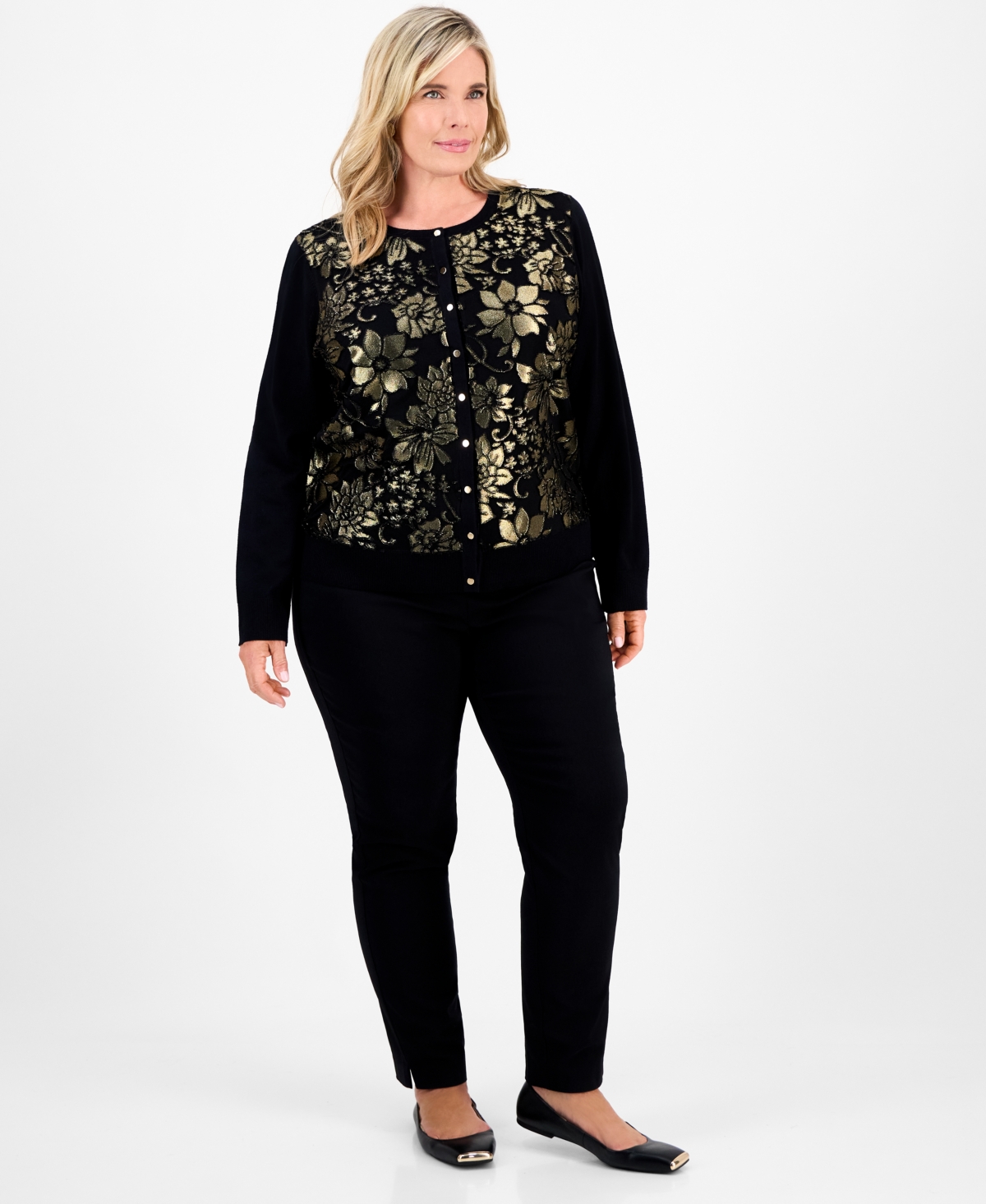 Jm Collection Plus Size Metallic Jacquard Button-front Cardigan, Macy's Exclusive In Black