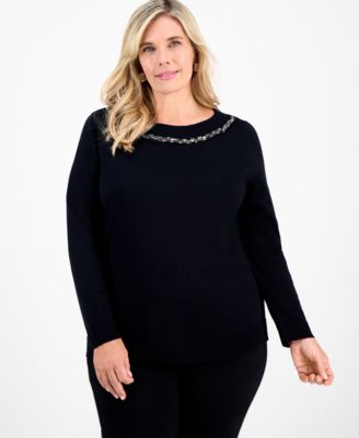 JM Collection - Plus Size Embellished Boatneck Sweater