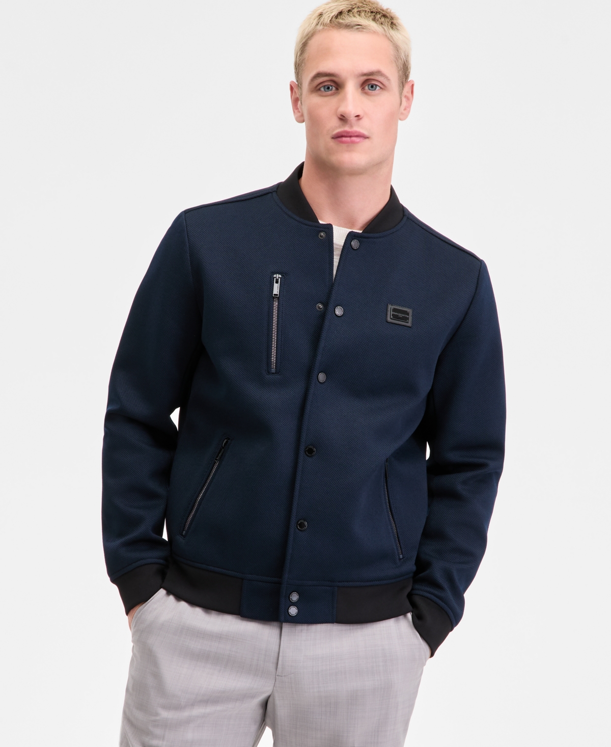Karl Lagerfeld Men's Textured Varsity Zip Bomber Jacket In Blue