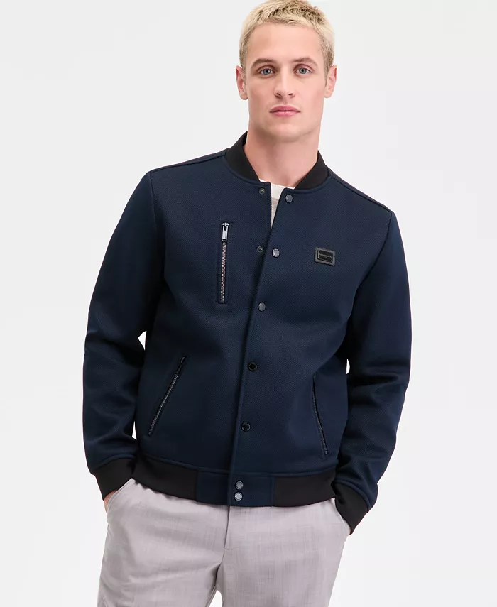 Men's Textured Varsity Zip Bomber Jacket - thumbnail 2