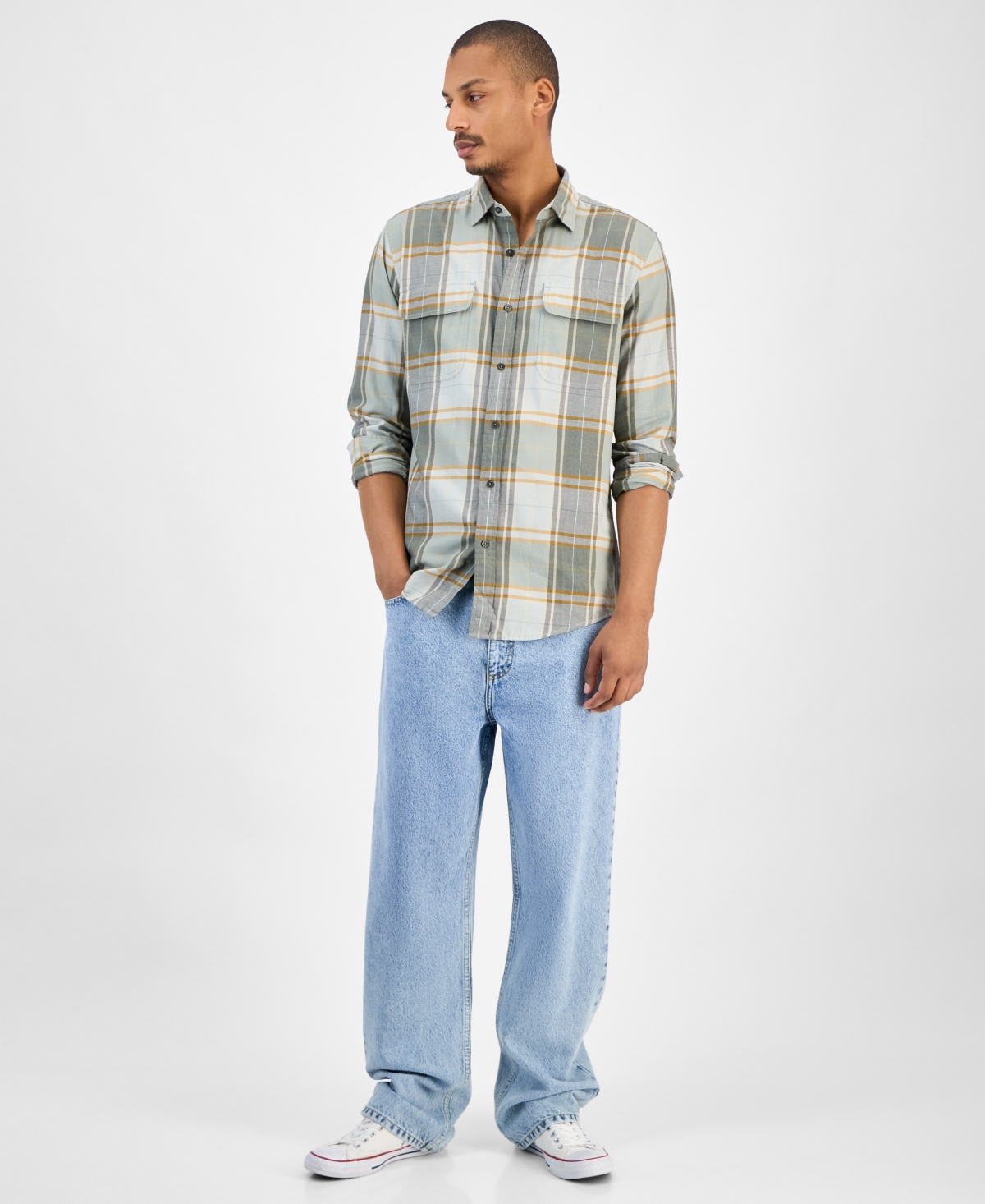 Sun + Stone Men's Plaid Shirt, Macy's Exclusive In Gray