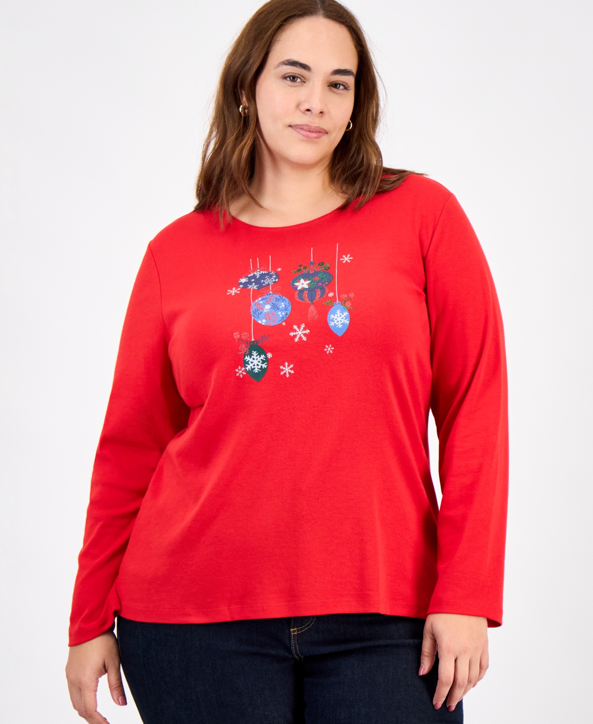 Holiday Lane Plus Ornament Print Long-Sleeve T-Shirt, Macy's Exclusive