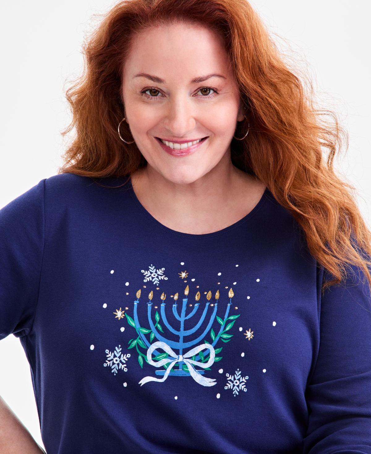 Holiday Lane Plus Size Menorah Long-sleeve T-shirt, Macy's Exclusive In Blue