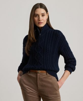 Women's Aran-Knit Cotton Quarter-Zip Pullover