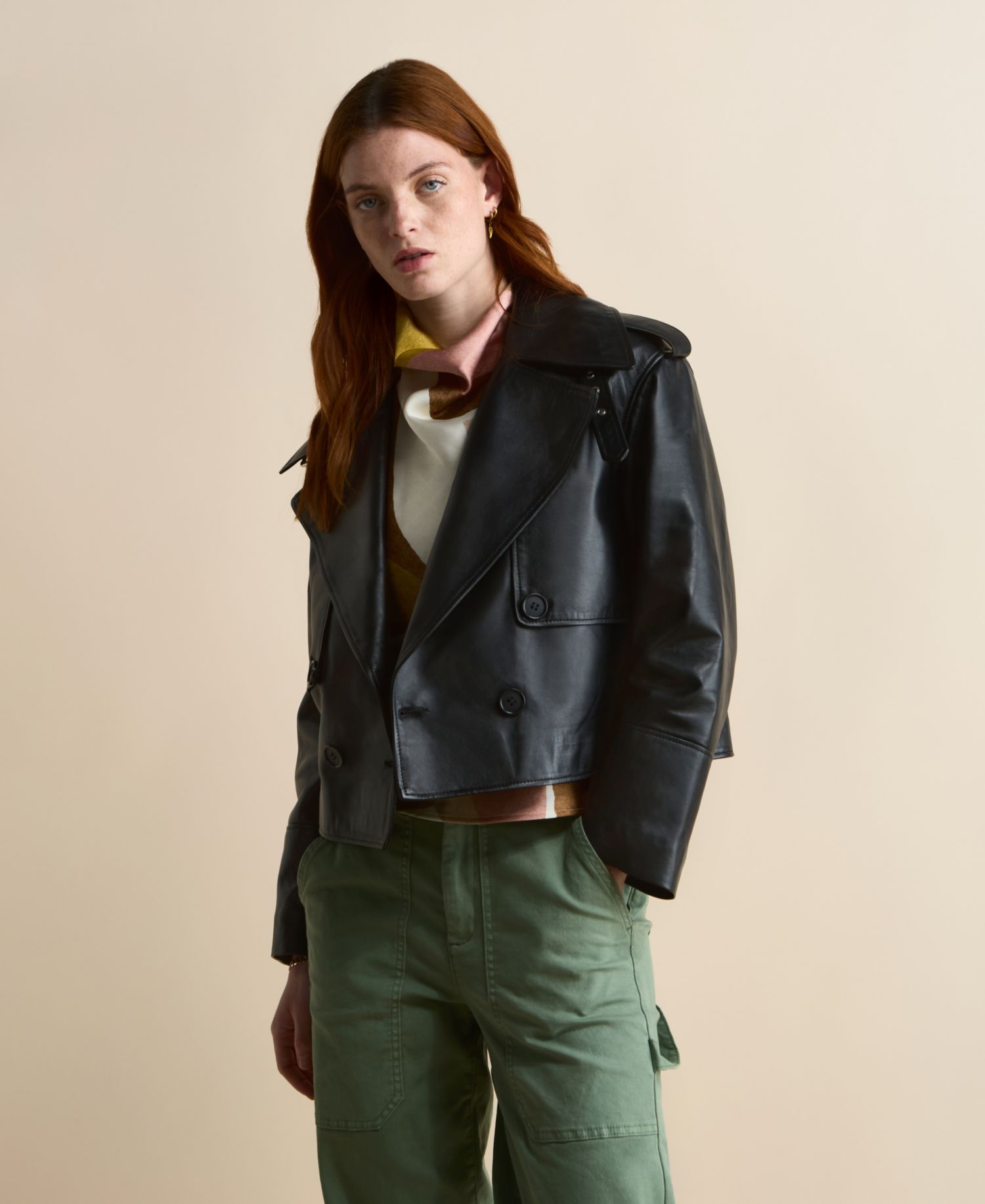 Women's Leather Cropped Trench Style Jacket