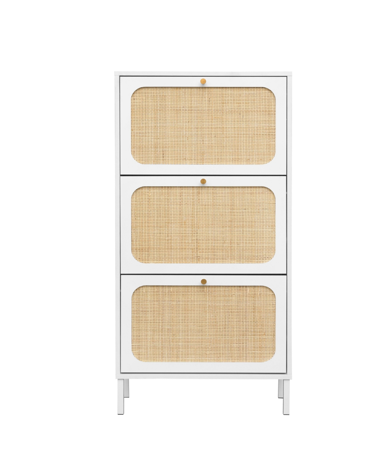 Rattan Shoe Storage Cabinet with 3 Flip Drawers Rattan 3 Door Shoe Rack Freestanding Modern Shoe Storage Cabinet for Entryway, White