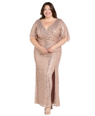 R & M Richards - Plus Size Beaded Flutter-Sleeve Slit Gown