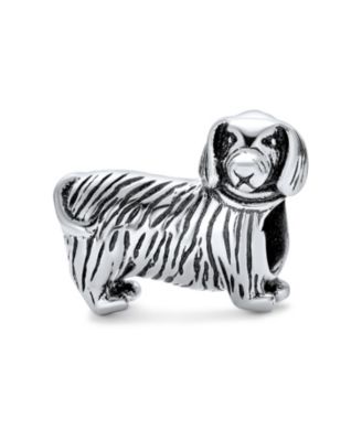 Set of 2 Oxidized Silver Dachshund Dog & Black Paw Print Charm Bead Pet Animal Lover