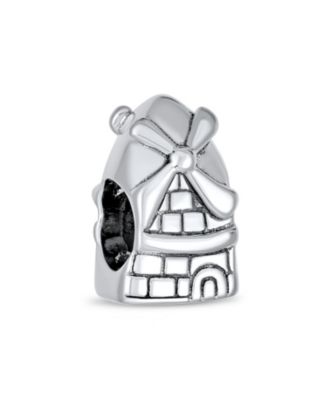 Set of 2 Holland Windmill & Love Grows Floral Heart CZ Accent Charm Bead in Oxidized Sterling Silver
