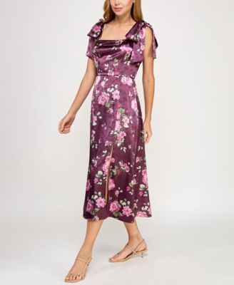 Juniors' Satin Printed Midi Dress