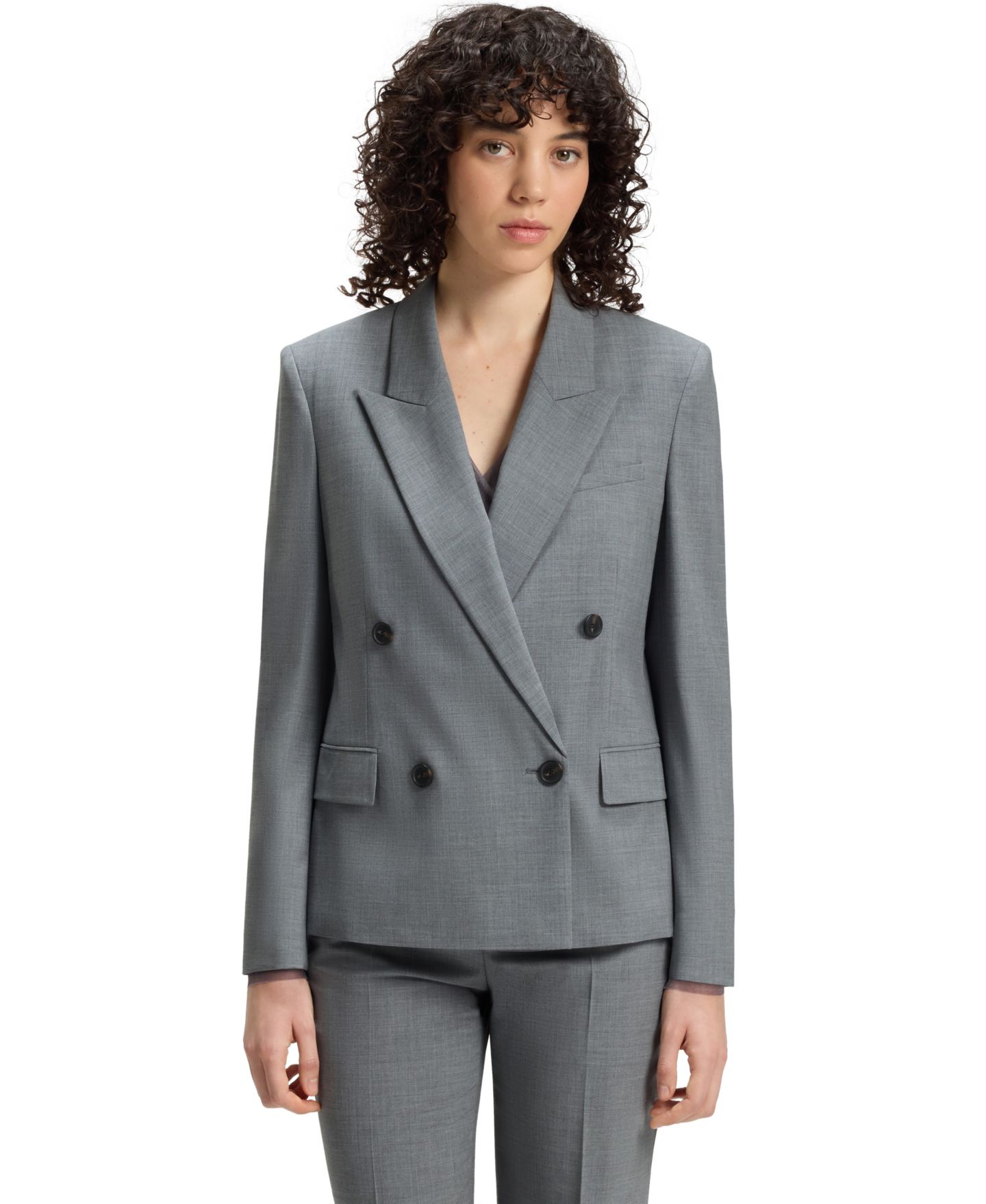 Женский пиджак Hugo Boss BOSS by Mélange Virgin Wool Double-Breasted Blazer, цвет: Тёмный серый — фото 1