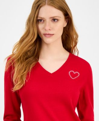 Women's Cotton Embellished-Heart Sweater 