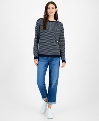 Women's Cotton Striped Boat-Neck Sweater
