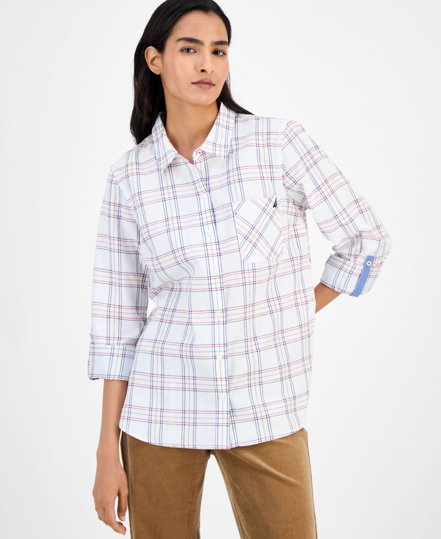 Nautica Women's Providence Plaid Cotton Roll-Tab-Sleeve Shirt