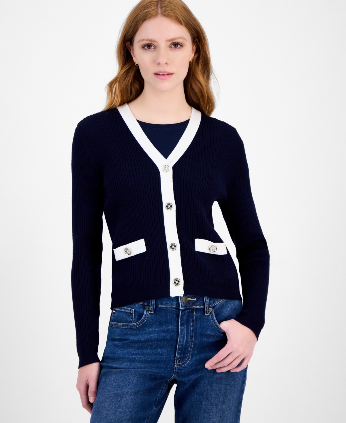 Tommy Hilfiger Women's Contrast Trim V-neck Button-front Cardigan In Blue