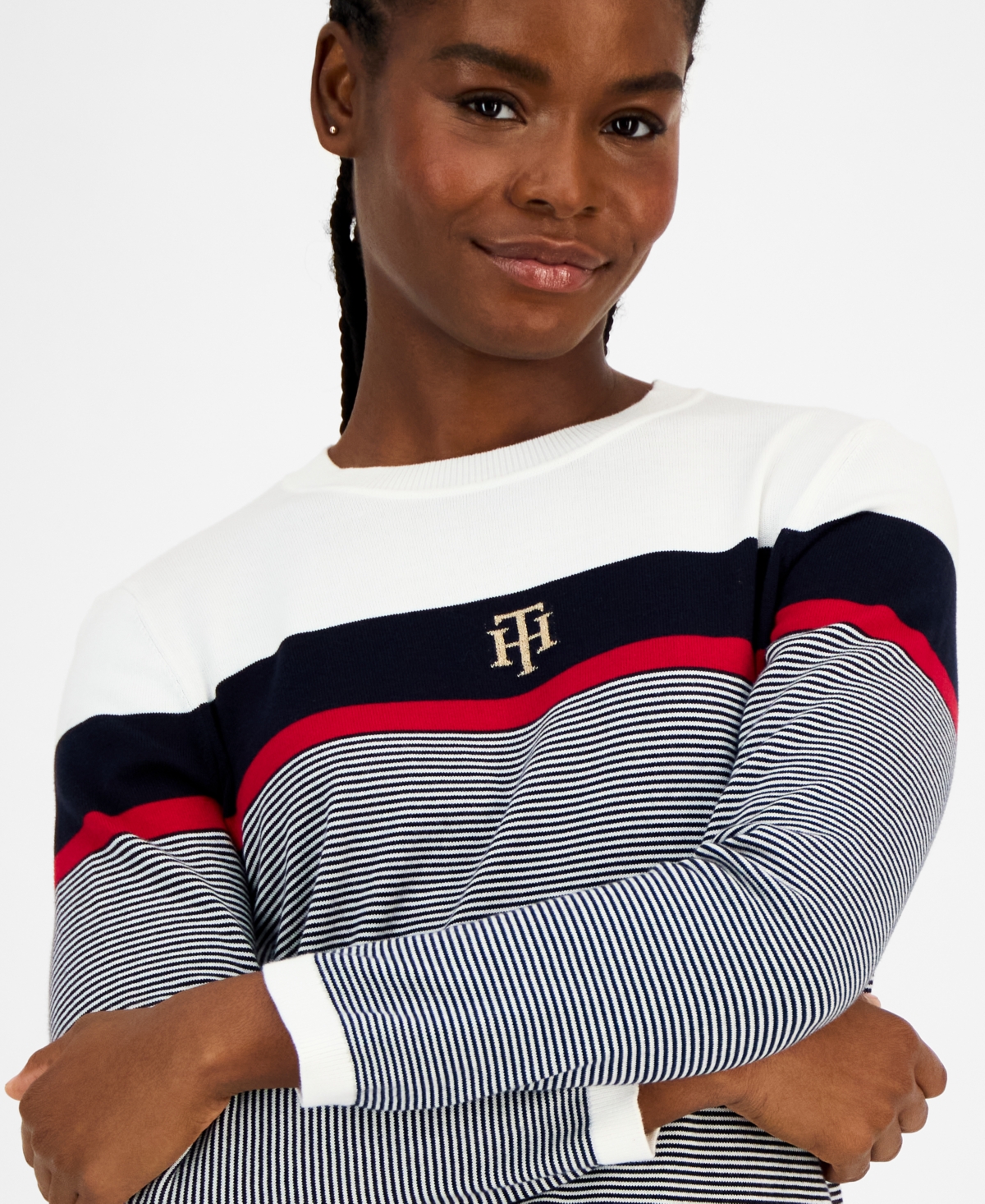 Tommy Hilfiger Women's Cotton Logo Striped Sweater In Multi