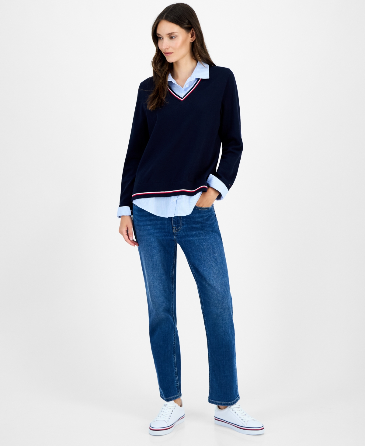 Tommy Hilfiger Women's Cotton Twofer V-neck Long-sleeve Sweater In Multi