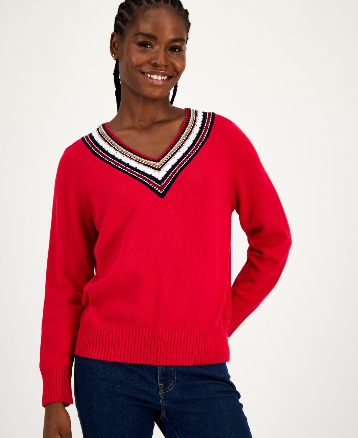 Tommy Hilfiger Women's Textured V Neck Sweater In Red