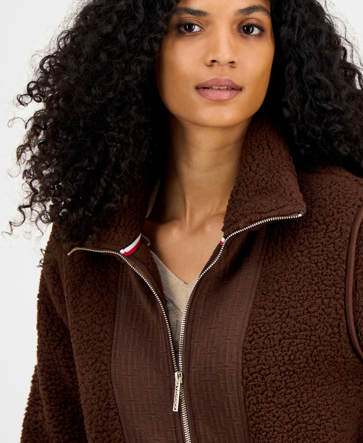 Tommy Hilfiger Women's Sherpa Zip-front Long-sleeve Jacket In Brown