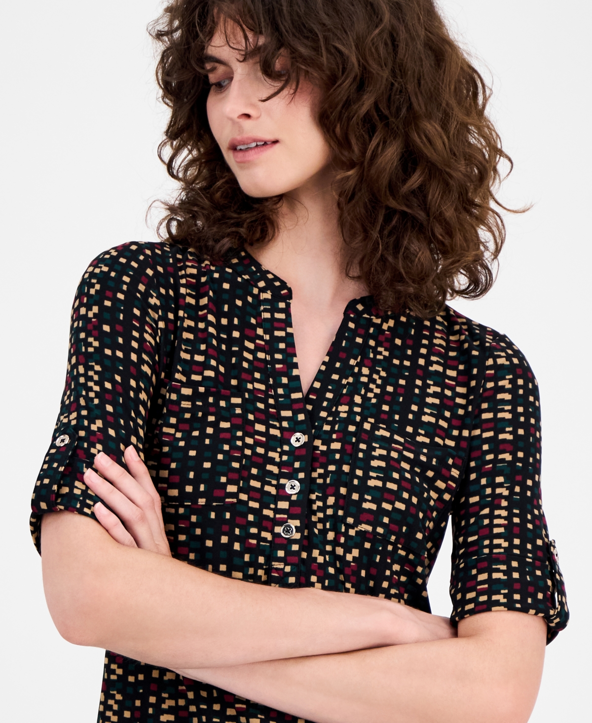 Ak Anne Klein Women's Printed Roll-tab Top