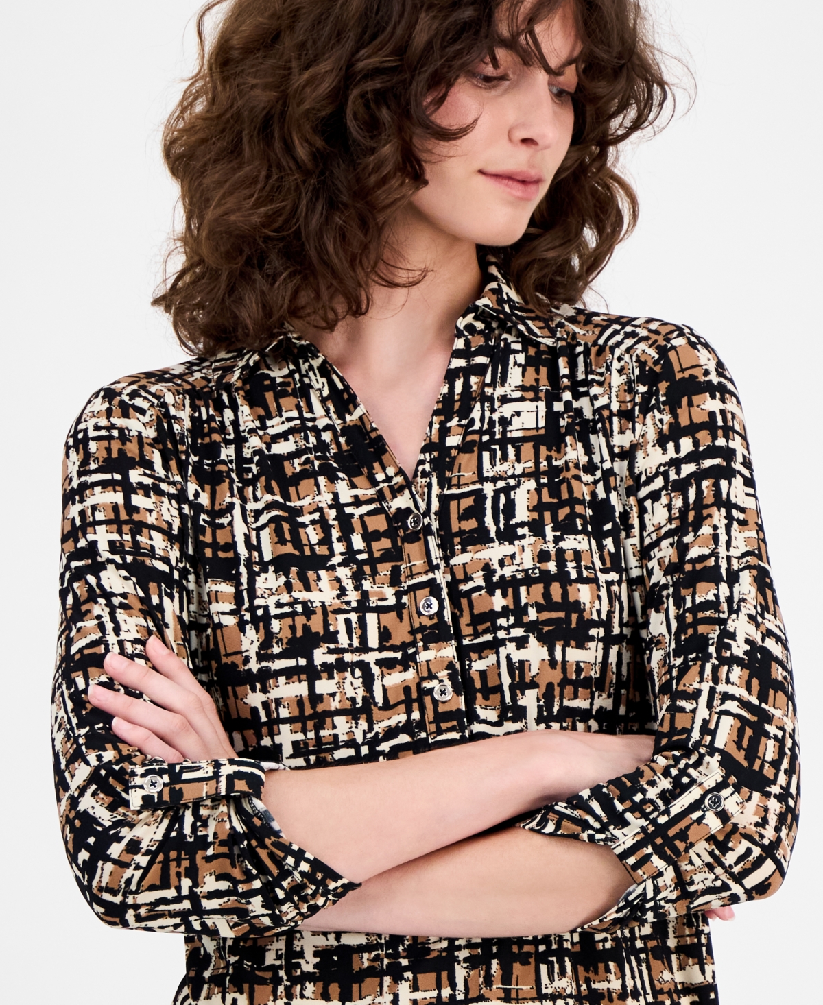 Ak Anne Klein Abstract Print Johnny Collar Half Placket Shirt In Brown