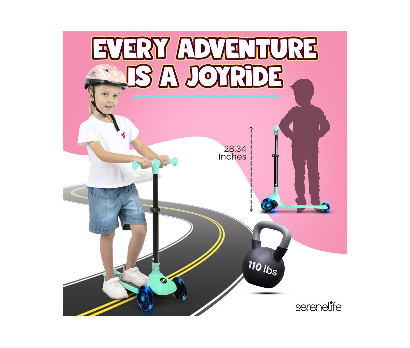 Детская игрушка SereneLife 3-Wheel Built-in LED Wheel Lights Foldable Kid Kick Scooter, Ages 2+, цвет: Зелёный — фото 2