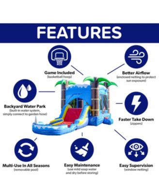 HeroKiddo Ocean Shark Commercial Grade Inflatable Bounce House Water Slide Combo with Attached Splash Pool (No Blower Included)