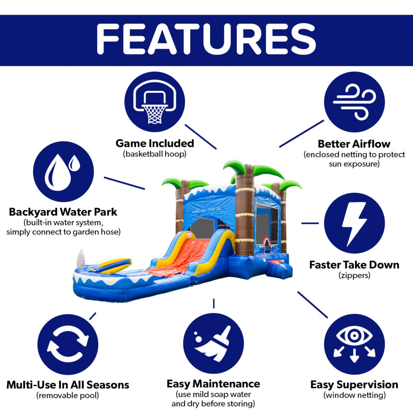 Детская игрушка HERO Kiddo Ocean Shark Vinyl Commercial Grade Bounce House Water Slide Combo with Attached Splash Pool, Up to 6 Users, Ages 3+, цвет: Синий / Красный — фото 8