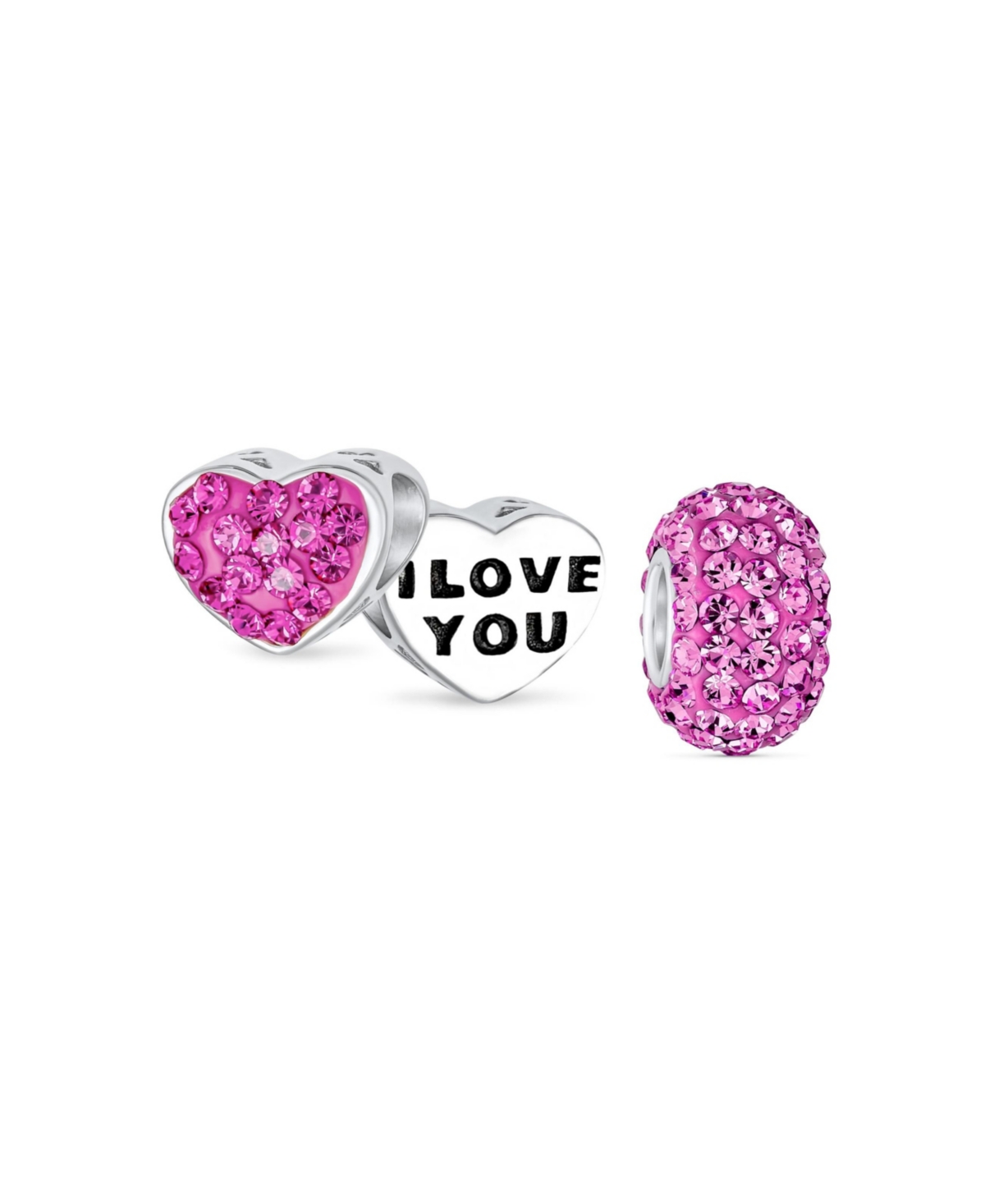 Set of 2 I Love You Princess Heart & Solid Pink Crystal Bead Charm Sterling Silver for Bracelet - Pink set