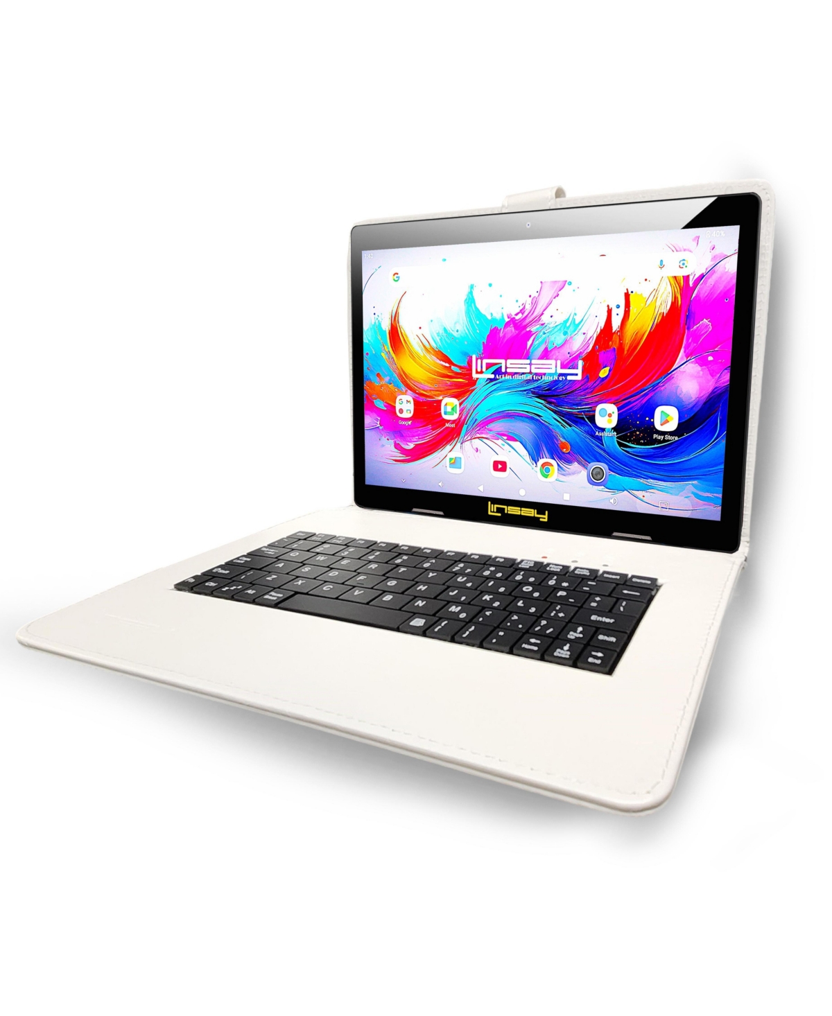 Linsay 10.1"Octa Core 256GB Storage Android 15 Tablet with White Crocodile Style Keyboard