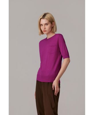 Women's Tissue Weight 75% Merino Wool 25% Silk Crew Neck Short Sleeve T Shirt Sweater | Ultra Soft Machine-Washable Sweaters