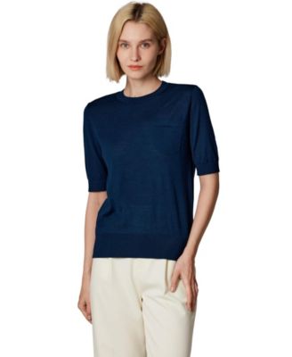 Women's Tissue Weight 75% Merino Wool 25% Silk Crew Neck Short Sleeve T Shirt Sweater | Ultra Soft Machine-Washable Sweaters