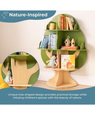 Kids Tree Bookshelf: Library Bookcase, Toddler Book Shelf, Green Wood 4 Tier Bookshelf, Nursery Furniture Decor, Bedroom & Playroom Storage