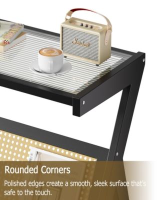 Rattan Side Table Bamboo Accent Bedside Table with Tempered Glass Top Black