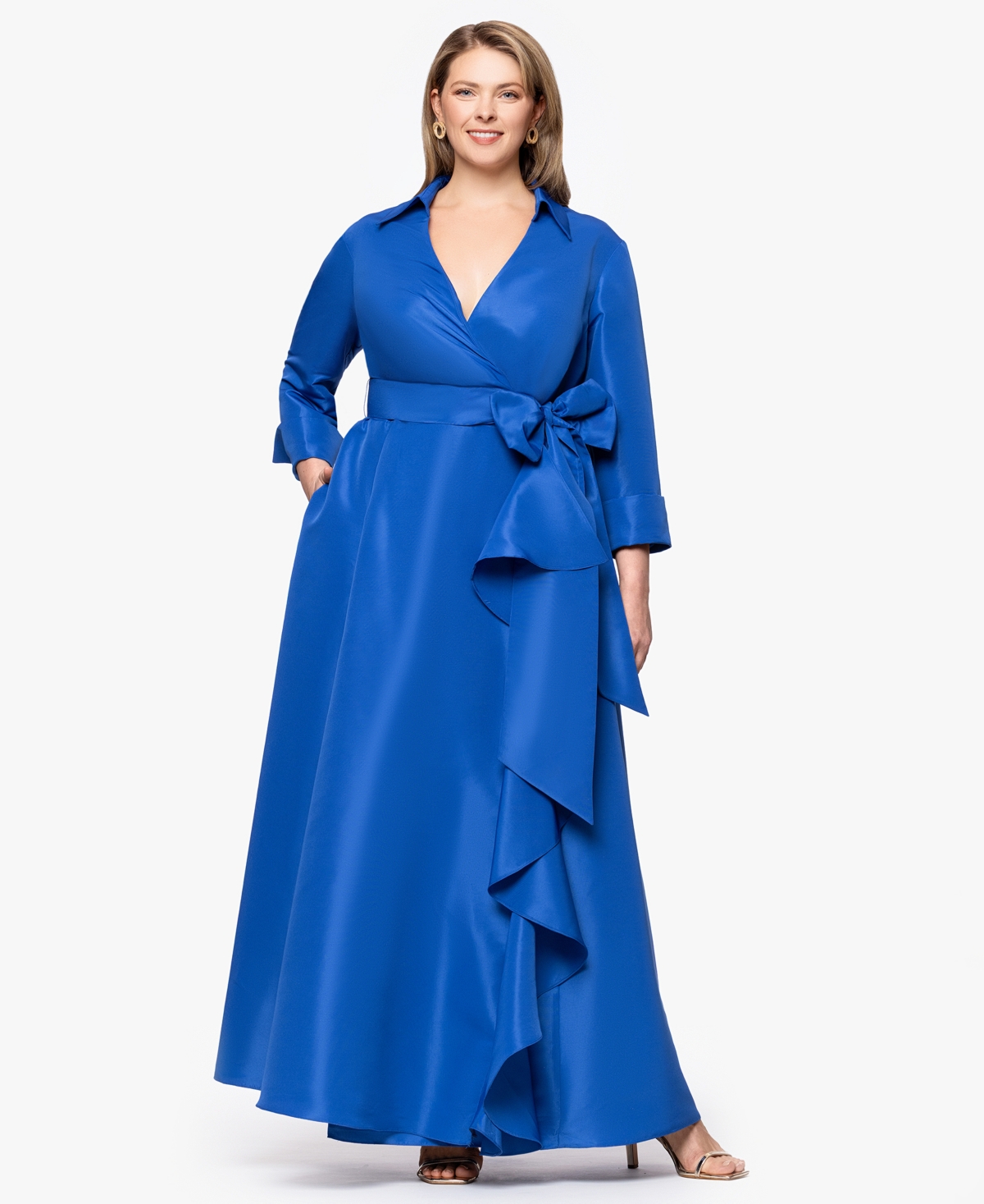 Plus Size Long-Sleeve Tie-Waist Long Dress - Ocean