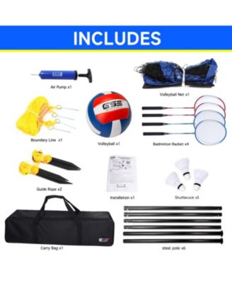 Volleyball and Badminton Combo Set with Net,4 Rackets,3 Birds, PU Volleyball and Carrying Bag (Recreational)
