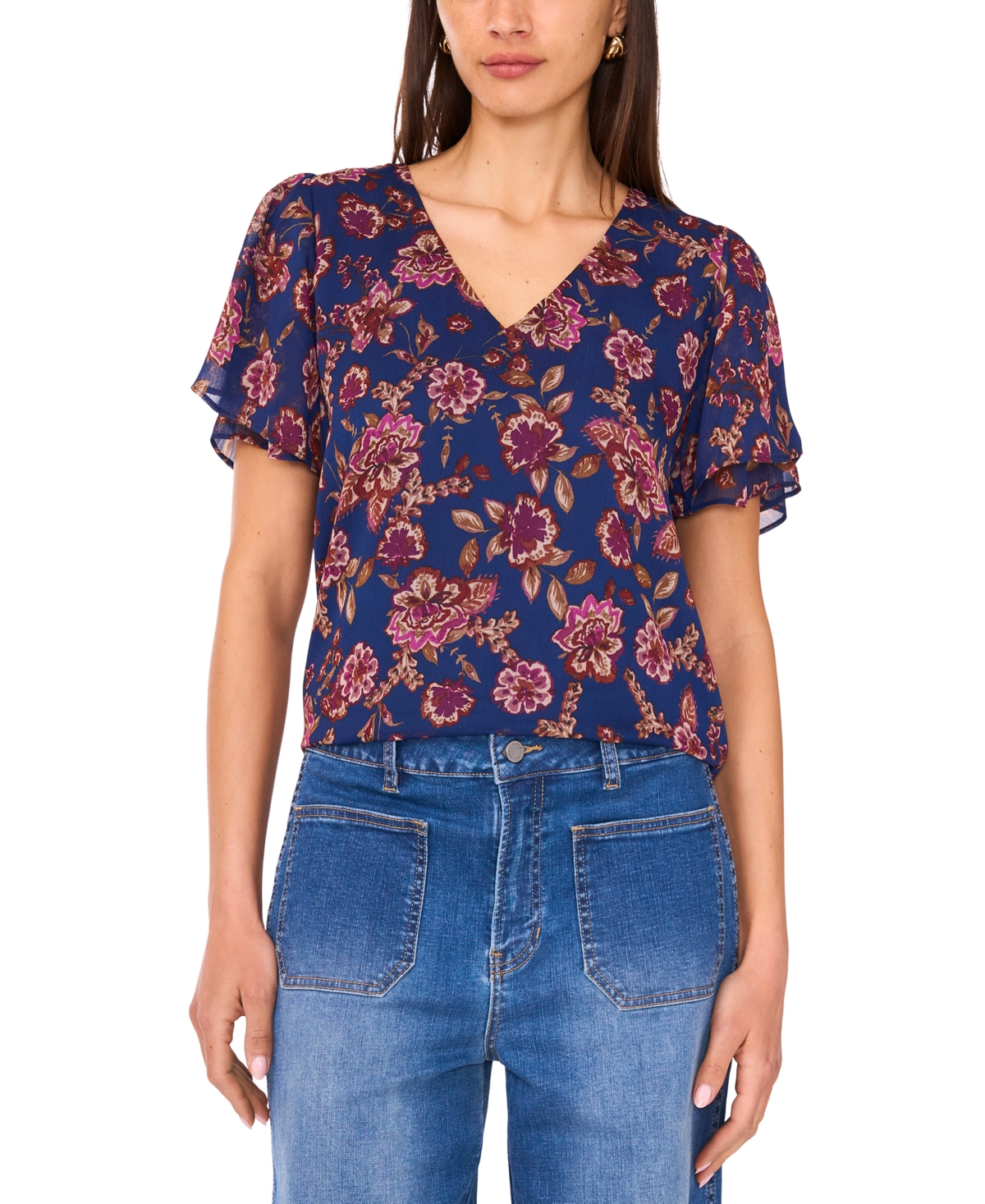 Vince Camuto Women's Flutter-sleeve V-neck Blouse In Blue