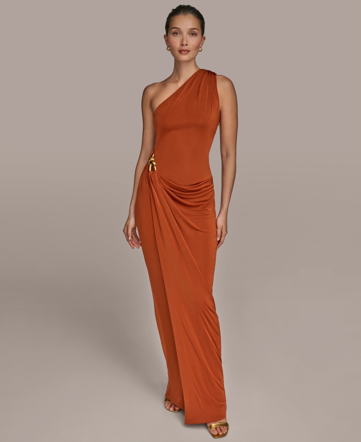 Women's Asymmetric Slinky-Knit Gown - Cinnamon