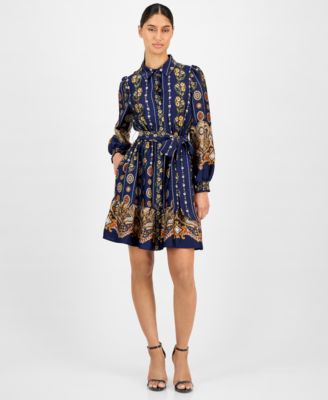 Anne Klein - Women's Printed Satin Ruffle-Hem Shirtdress